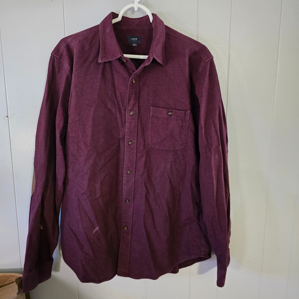 J.Crew Flannel Button Down Mens L‎ Burgundy Tan Elbow Patches Long Sleeve Shirt